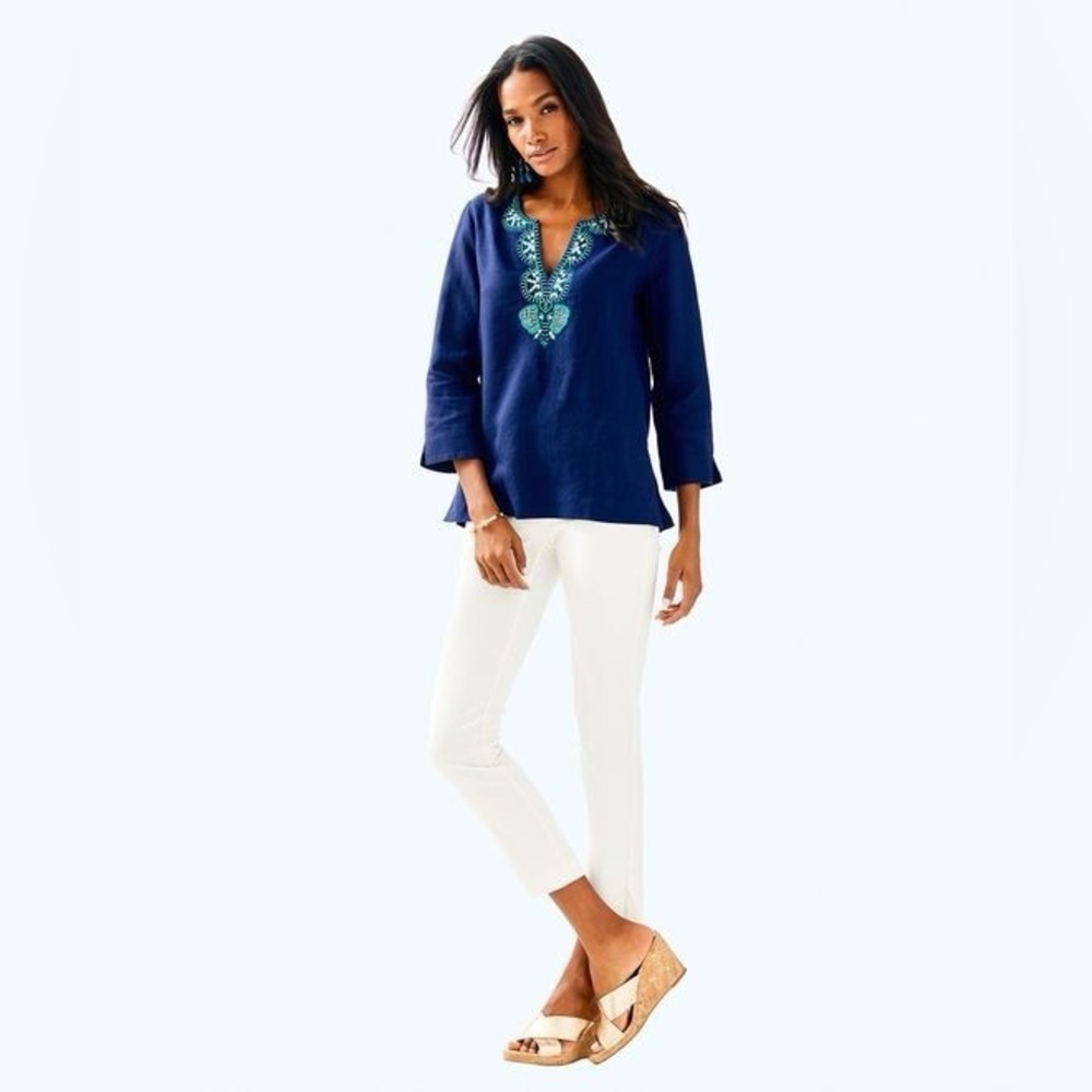 Lilly Pulitzer Amelia Island Tunic True Navy Beaded Linen, Size Small S Elephant